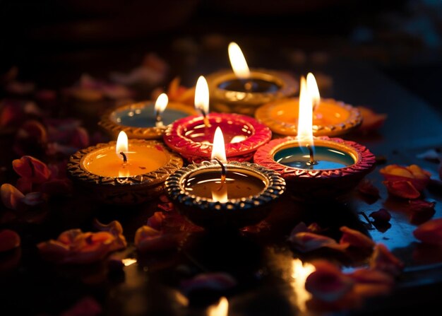 Photo traditional oil lamps set on a floor for diwali festival