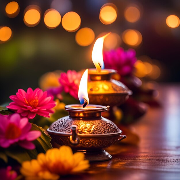 Traditional oil lamps with flower decoration for indian festival diwali