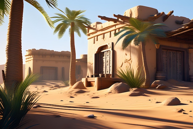 Photo traditional old house with palms in sahara desert arabic style