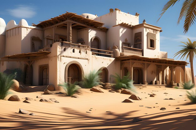 Foto vecchia casa tradizionale con palme in stile arabo del deserto del sahara