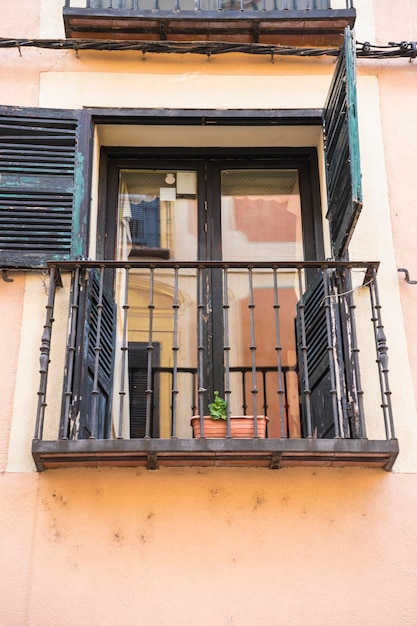 Traditional, old windows and classical city of San Ildefonso, Palacio de la Granja in Spain