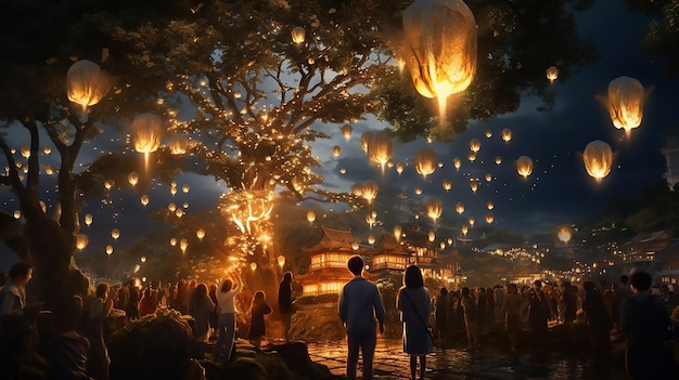 The traditional olympic lantern event and a light show during dusk joyful celebration of nature Generative AI