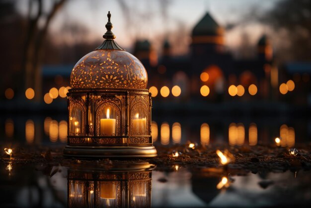 Foto lanterna orientale tradizionale sullo sfondo di un bokeh di luci con uno spazio di copia carta per la festa del ramadan