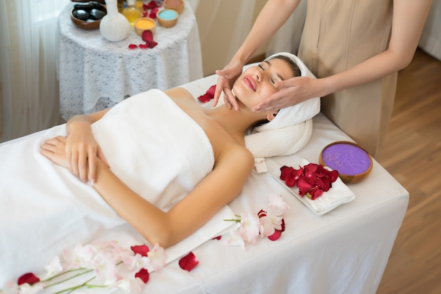 Traditional oriental massage therapy and beauty treatments. Young beautiful have massage woman in spa salon.