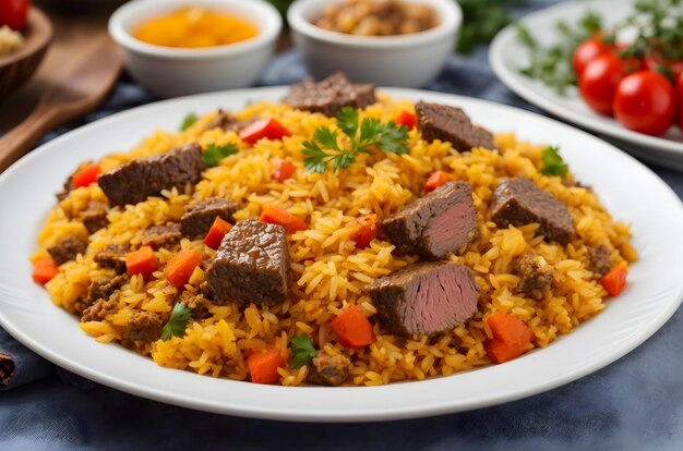 Traditional oriental pilaf with meat and vegetables on plate