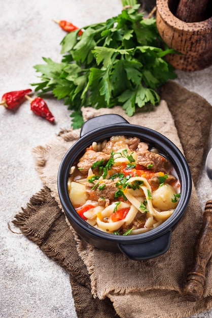 Traditional oriental uzbek soup lagman 