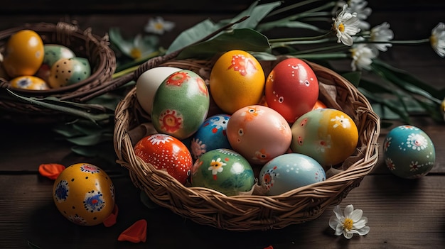 Tradizionale pasqua ortodossa pasqua punteggiata in un nido su sfondo di legno ai generativo