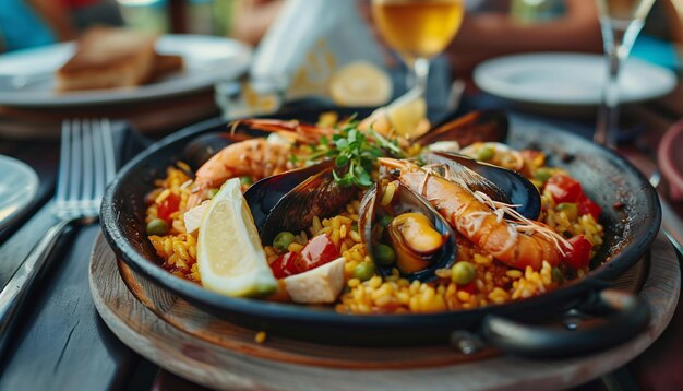 Photo traditional paella on a iron pan plate