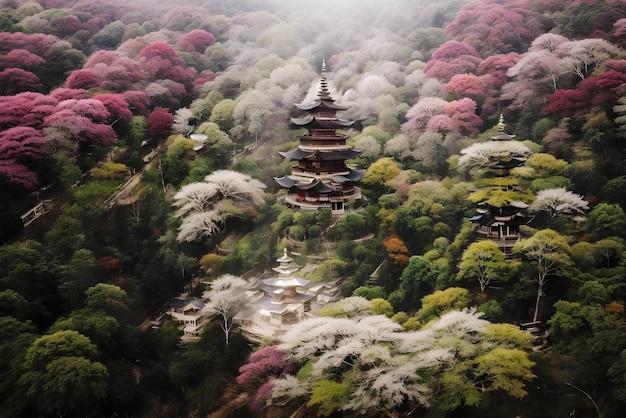 Traditional pagoda temple surrounded by beautiful forest