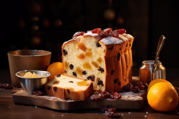 Photo traditional panettone bakery food on wooden board generate ai