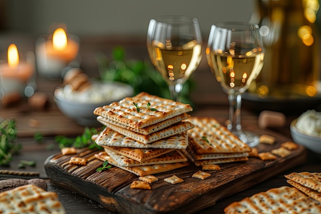 Traditional passover seder festive table with matzah and wine