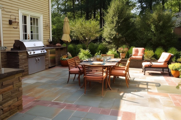 Traditional patio with gas grill and outdoor dining set