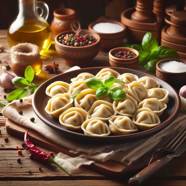 Traditional pelmeni ravioli dumplings filled with meat on plate russian kitchen