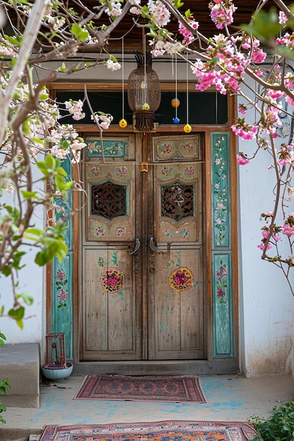 Photo a traditional persian doorway adorned with nowruz decorations