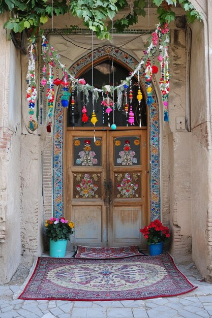 Photo a traditional persian doorway adorned with nowruz decorations