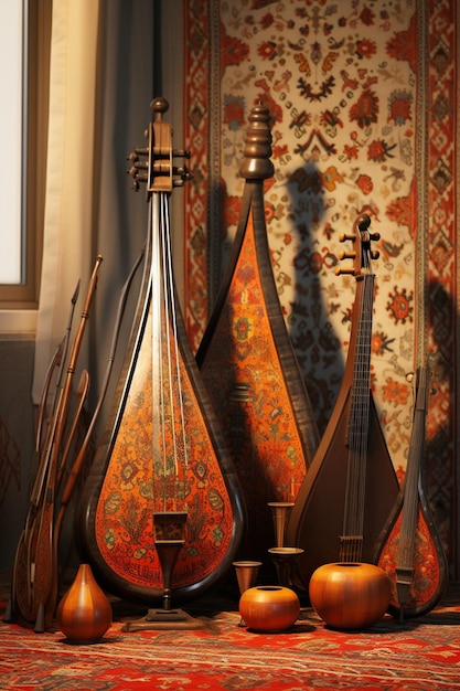 Photo traditional persian musical instruments in 3d such as the tar or daf