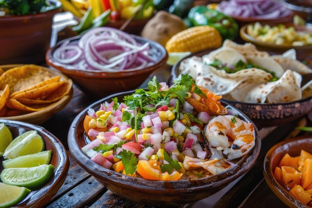 Photo traditional peruvian ceviche with accompaniments and spicy juice