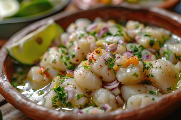 traditional peruvian fish ceviche with lemon spices and vegetables