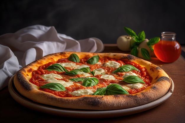 Traditional Pizza Margherita with olive oil mozzarella and basil leaves Generative AI illustration