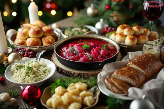 Foto cena tradizionale polacca della vigilia di natale con gnocchi di borscht rosso, aringhe e paté