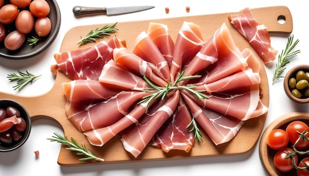 Traditional Prosciutto Crudo Parma ham Italian antipasto on a cutting board