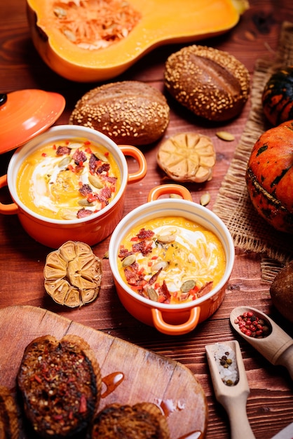 Traditional pumpkin cream soup in a rustic style. healthy eating concept.