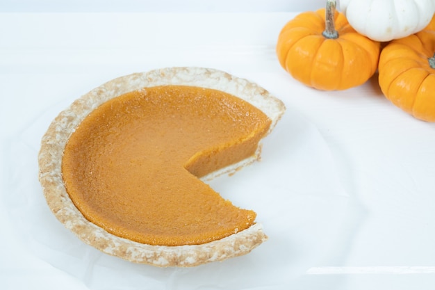 Traditional pumpkin pie for thanksgiving day, white background and copy space