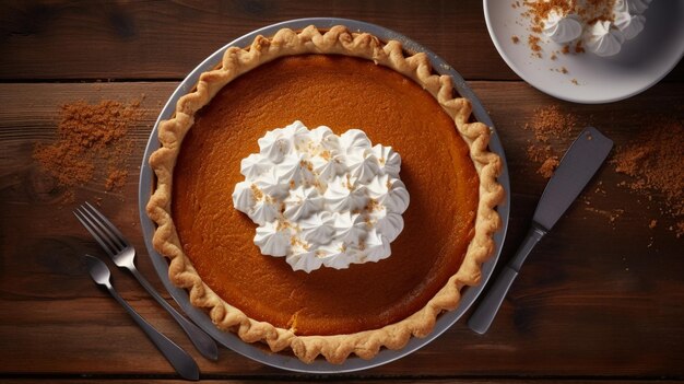 Traditional pumpkin pie topped with whipped cream