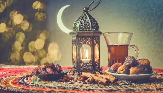 Традиционный фонарь Рамадана и Ида с датами полумесяца и фруктами в миске на ковре