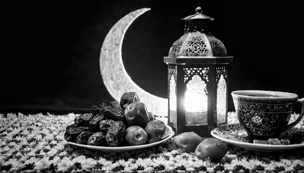 Traditional Ramadan and Eid lantern lamp with crescent moon dates and fruits in a bowl on carpet Gen