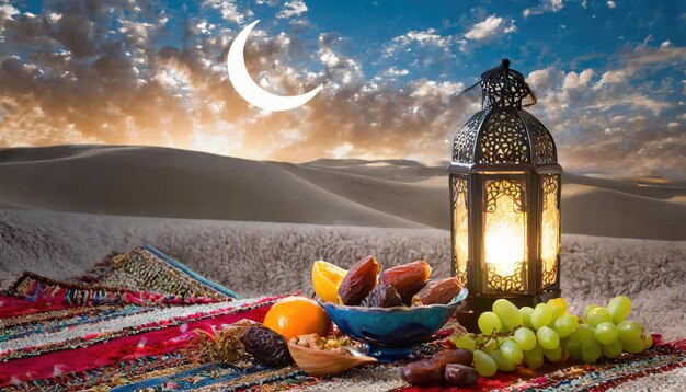 Traditional Ramadan and Eid lantern lamp with crescent moon dates and fruits in a bowl on carpet Gen