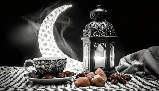 Traditional Ramadan and Eid lantern lamp with crescent moon dates and fruits in a bowl on carpet Gen