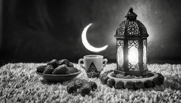 Traditional Ramadan and Eid lantern lamp with crescent moon dates and fruits in a bowl on carpet Gen
