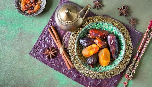 伝統的なラマダンとイードのランタンランプでカーペットの上に鉢に半月の日付と果物が置かれています