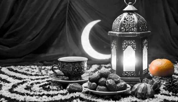 Traditional Ramadan and Eid lantern lamp with crescent moon dates and fruits in a bowl on carpet Gen