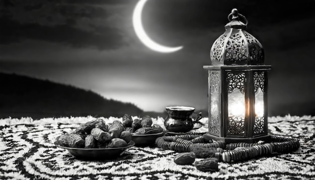 Traditional Ramadan and Eid lantern lamp with crescent moon dates and fruits in a bowl on carpet Gen