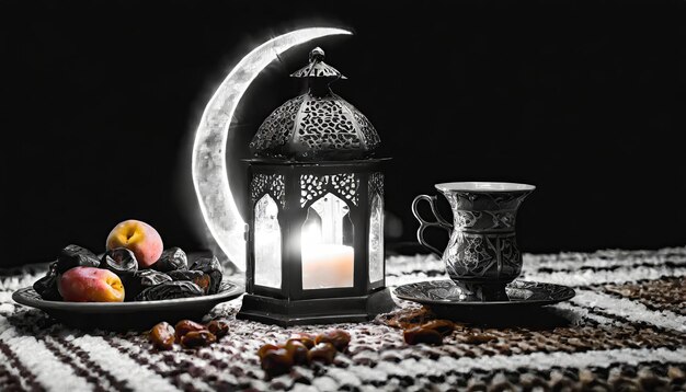Traditional Ramadan and Eid lantern lamp with crescent moon dates and fruits in a bowl on carpet Gen
