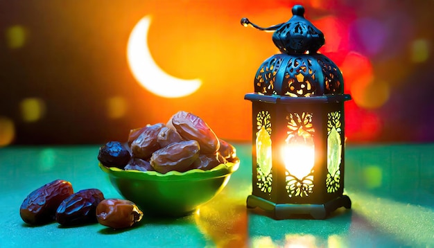 伝統的なラマダンとイードのランタンランプでカーペットの上に鉢に半月の日付と果物が置かれています