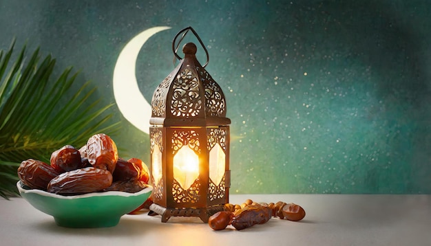 Traditional Ramadan and Eid lantern lamp with crescent moon dates and fruits in a bowl on carpet Gen