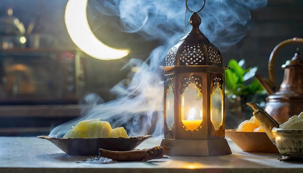 Traditional Ramadan and Eid lantern lamp with crescent moon dates and fruits in a bowl on carpet Gen