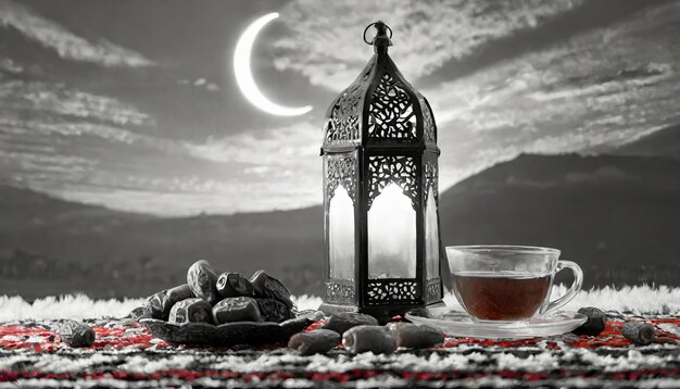 Traditional Ramadan and Eid lantern lamp with crescent moon dates and fruits in a bowl on carpet Gen