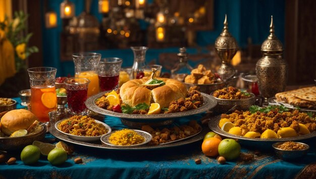 전통적인 라마단 카림 이프타르 식사는 AI가 생성한 맛있는 음식과 음료로 구성되어 있습니다.