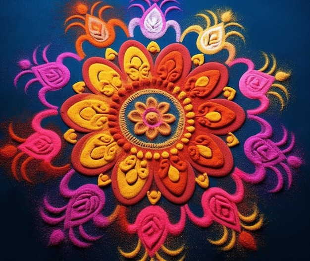 A traditional rangoli design created with vibrant