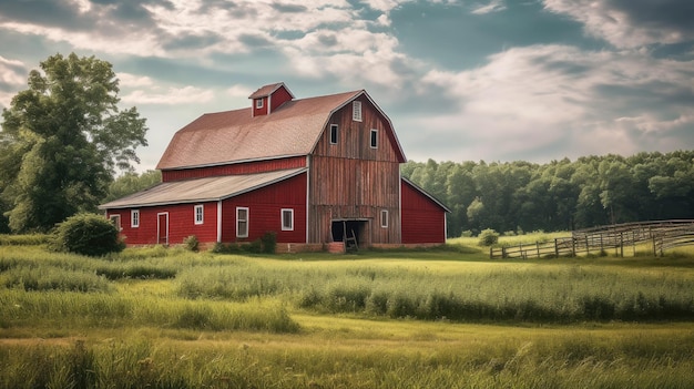 A traditional red barn nestled among green fields