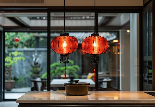 Фото Традиционные красные фонари висят на современной кухне
