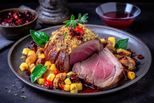 Traditional roasted Italian panettone tagliata di manzo with sliced beef steak and vegetables served closeup on a Nordic design plate generate ai