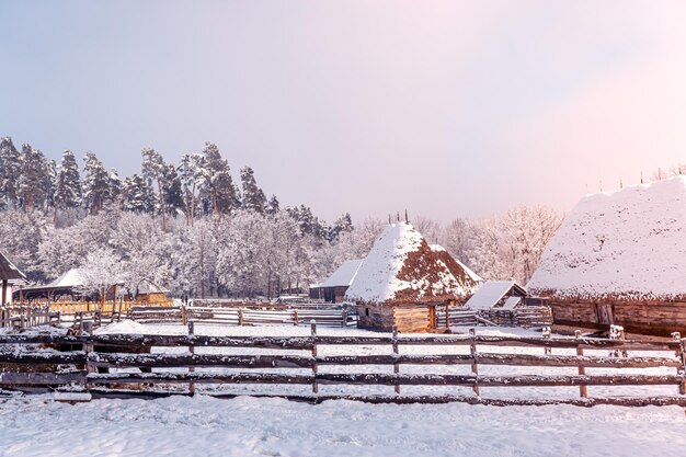 写真 トランシルバニアの伝統的なルーマニアの村で,雪で覆われた古い家の<unk>屋根