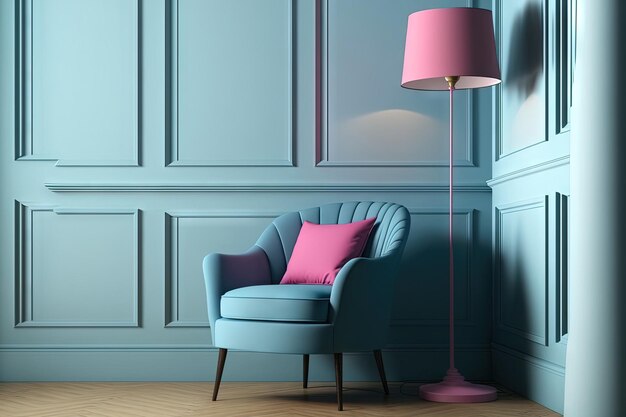 A traditional room features a floor lamp with copy space and a pink armchair