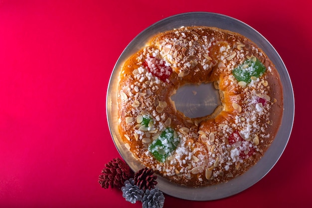Traditional roscon de Reyes which is typical of Spanish pastries and is eaten on December 6th
