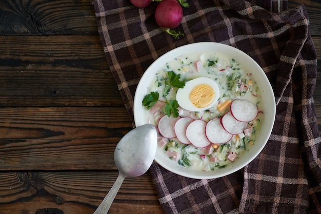 伝統的なロシアの冷たいオクローシカ スープは、ハーブと卵のケフィア野菜スープのプレートで提供されます。